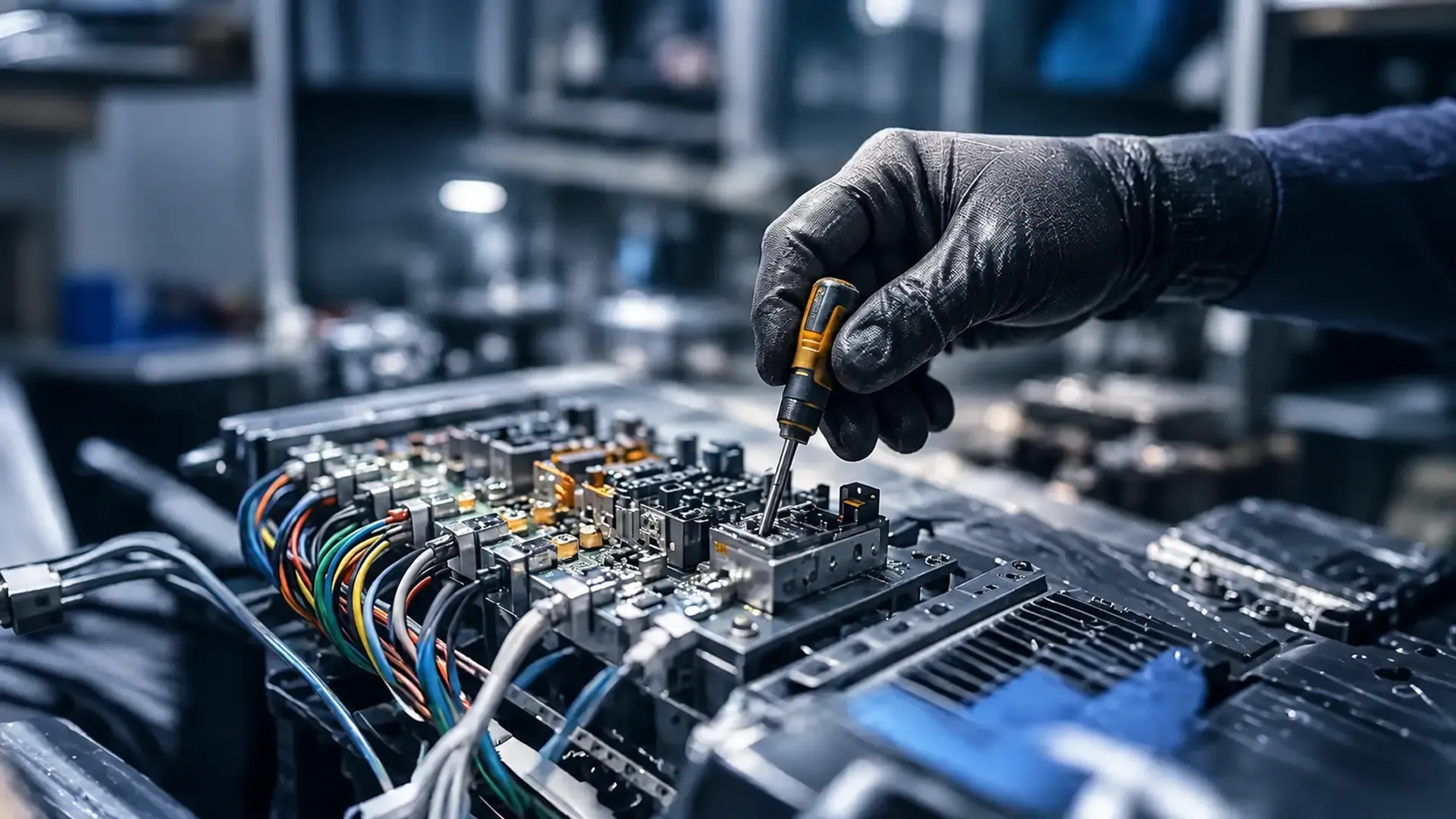 A gloved technician adjusting a circuit board assembly with a precision screwdriver.